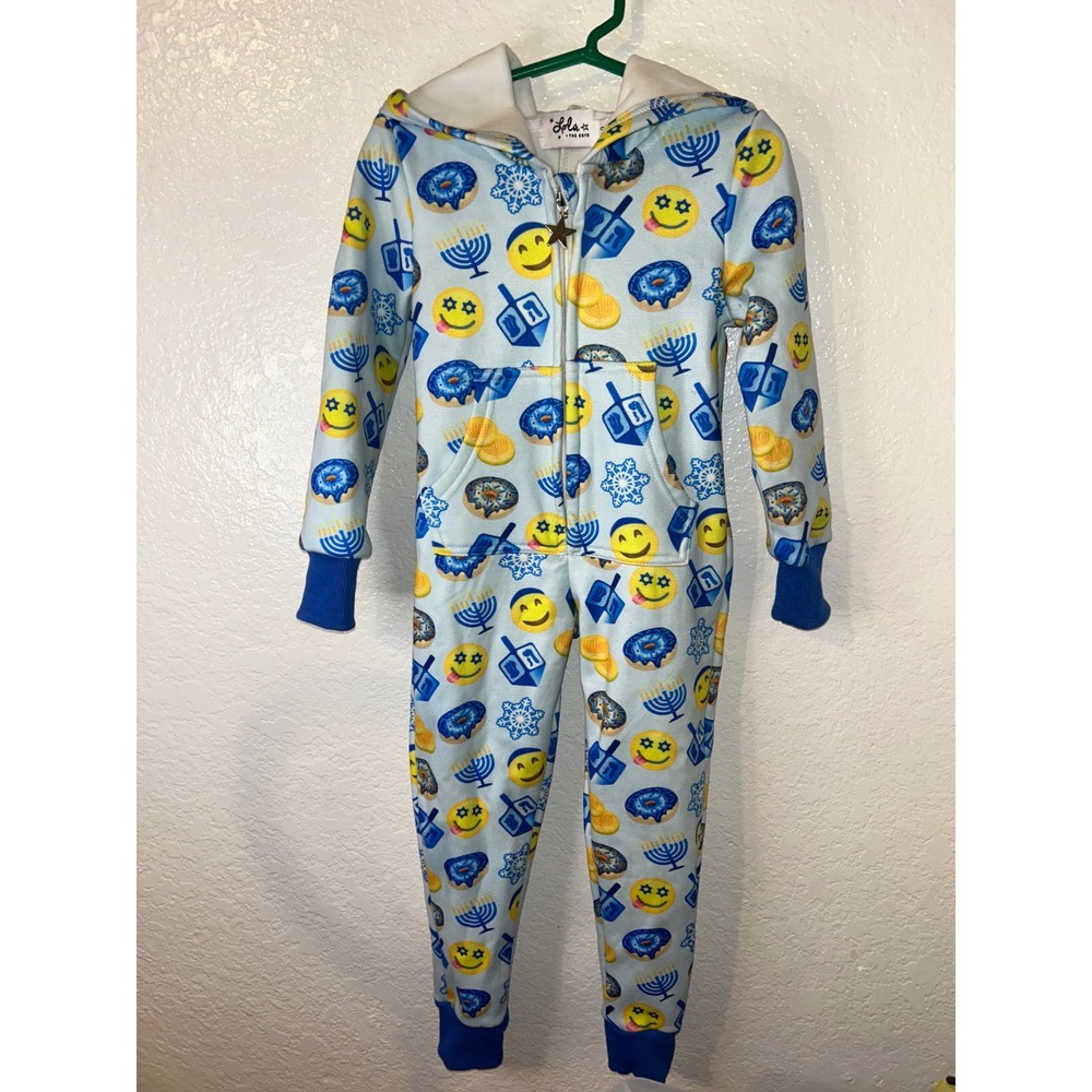 Lola + The Boys Hanukkah Emoji Hooded Zip Up Coverall Blue Kids Size 2